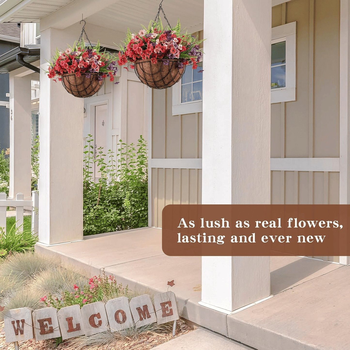 Artificial hanging flower baskets outdoor with vibrant red and purple blooms hanging on porch columns