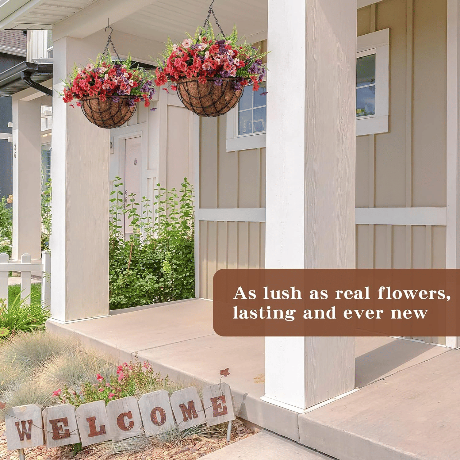 Artificial hanging flower baskets outdoor with vibrant red and purple blooms hanging on porch columns