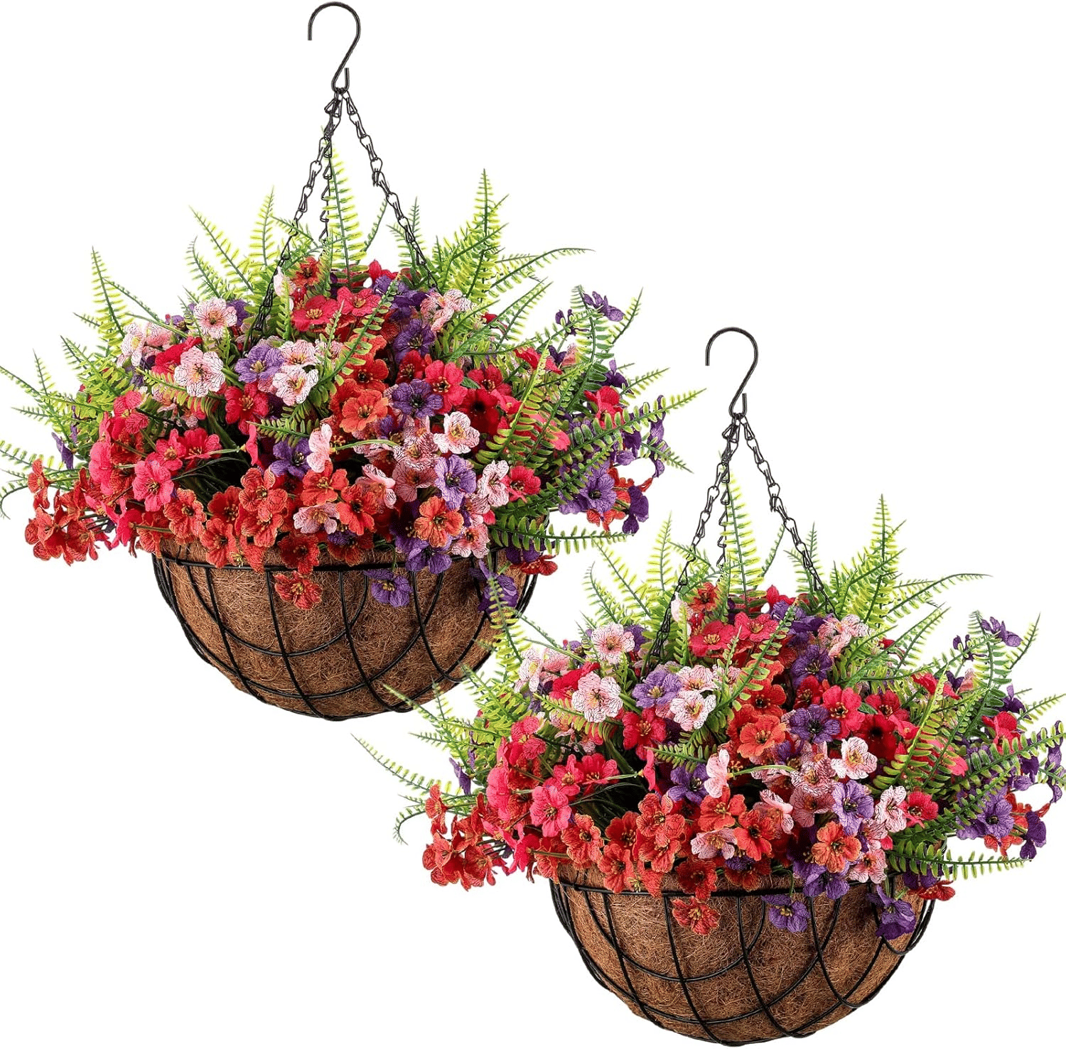 Pair of artificial hanging flower baskets outdoor with colorful pink and purple flowers and green ferns in brown wire baskets