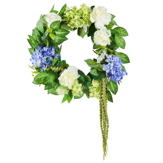 Artificial hydrangea wreath with white and blue flowers and green leaves from FauxMart.com
