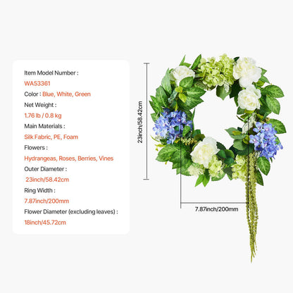 Artificial hydrangea wreath with blue, white, and green flowers measuring 23 inches diameter