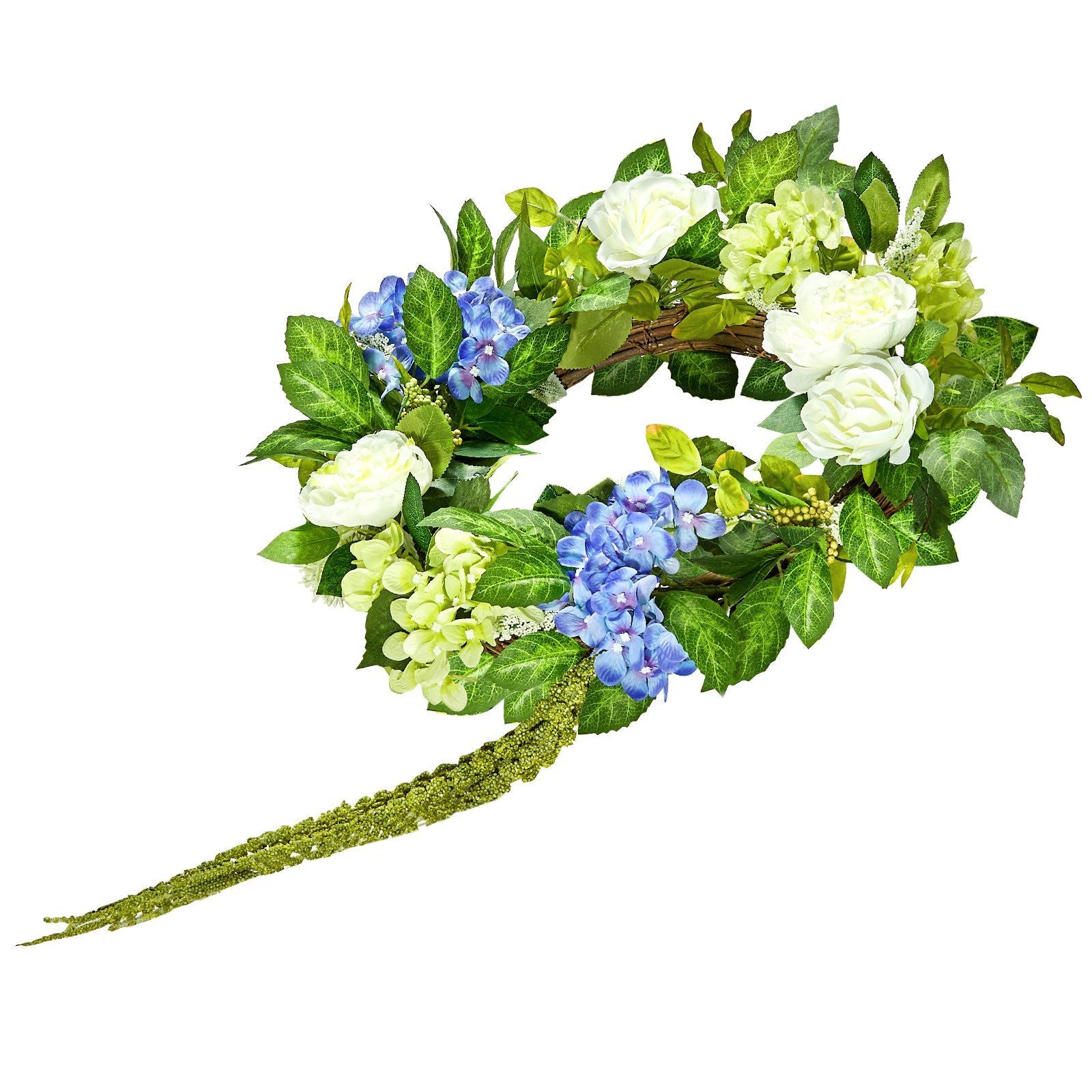 Artificial hydrangea wreath with blue and white flowers and green leaves from FauxMart.com