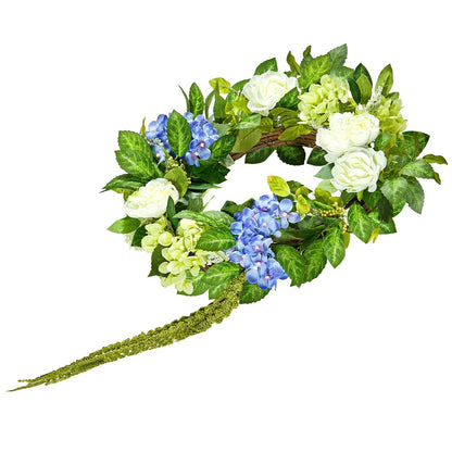 Artificial hydrangea wreath with blue and white flowers and green leaves from FauxMart.com