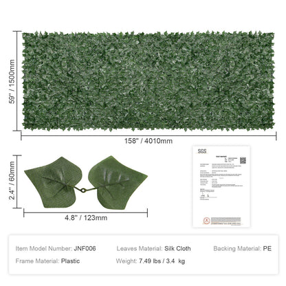 Artificial ivy privacy fence panel from FauxMart.com with silk cloth leaves and plastic frame measuring 59 by 158 inches