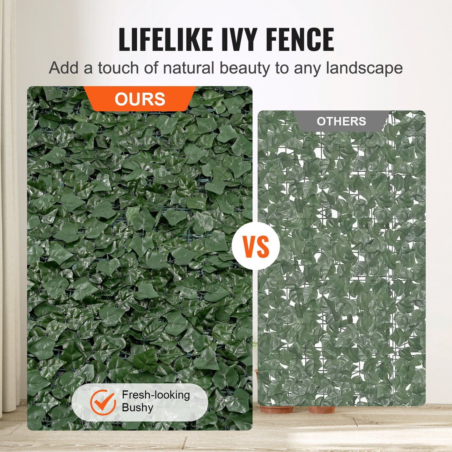 Comparison of FauxMart artificial ivy privacy fence showing fresh-looking bushy leaves versus less dense competitor product
