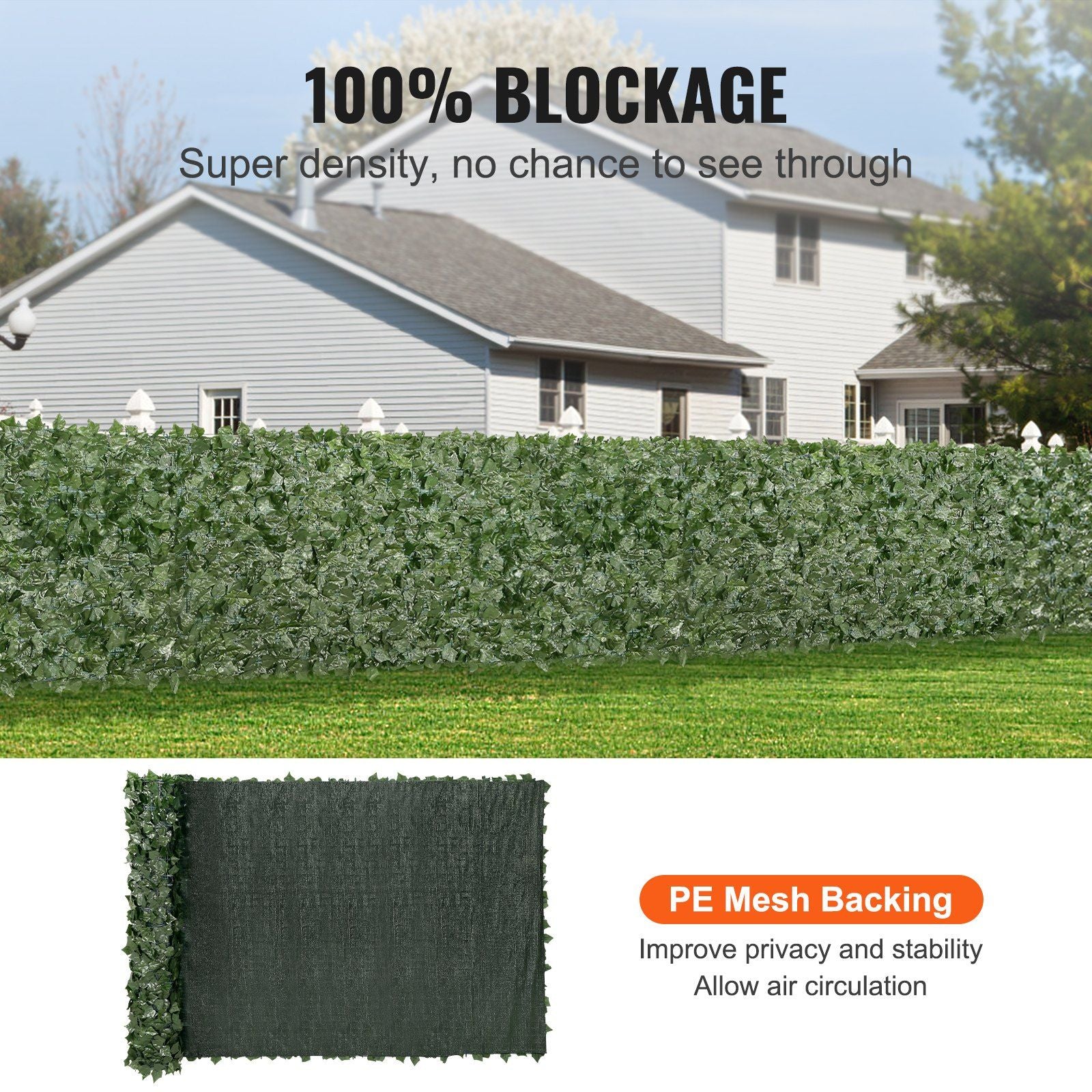 Artificial ivy privacy fence with 100 percent blockage and PE mesh backing for improved privacy and stability