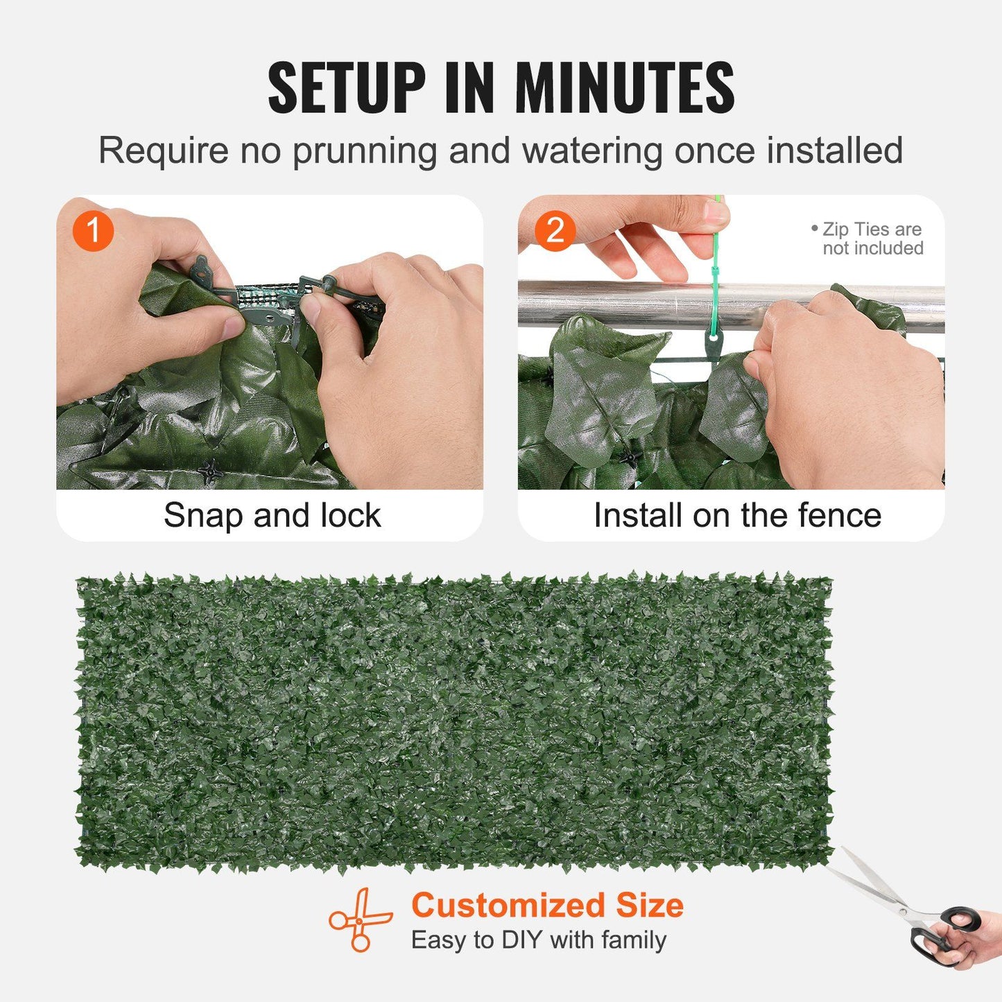 Installation steps for FauxMart.com artificial ivy privacy fence showing snap and lock and attaching to fence