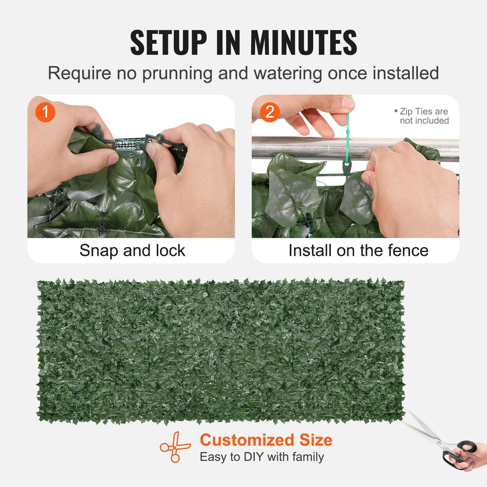 Installation steps for FauxMart.com artificial ivy privacy fence showing snap and lock and attaching to fence