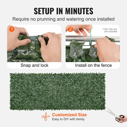 Installation steps for FauxMart.com artificial ivy privacy fence showing snap and lock and attaching to fence