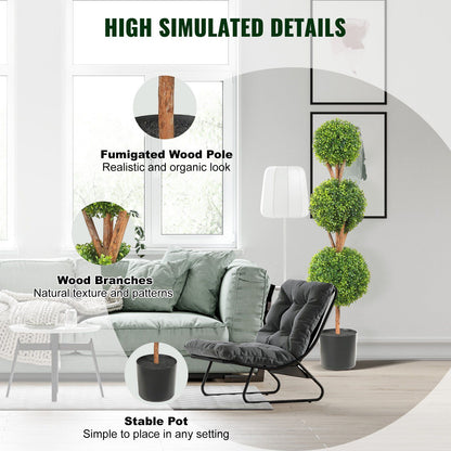 Faux boxwood trees set with fumigated wood pole, natural wood branches, and stable pot in modern living room