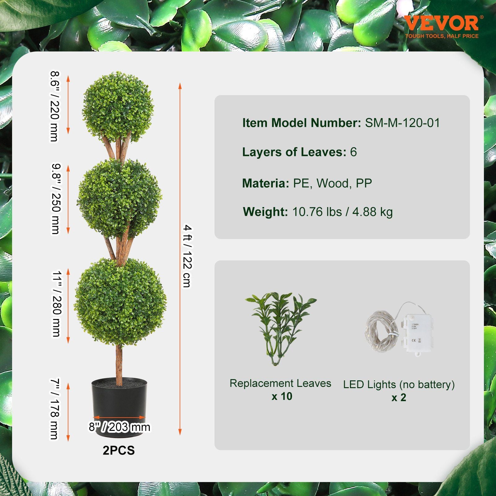 Set of two faux boxwood trees with three green leaf layers each and replacement leaves