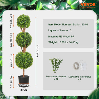 Set of two faux boxwood trees with three green leaf layers each and replacement leaves