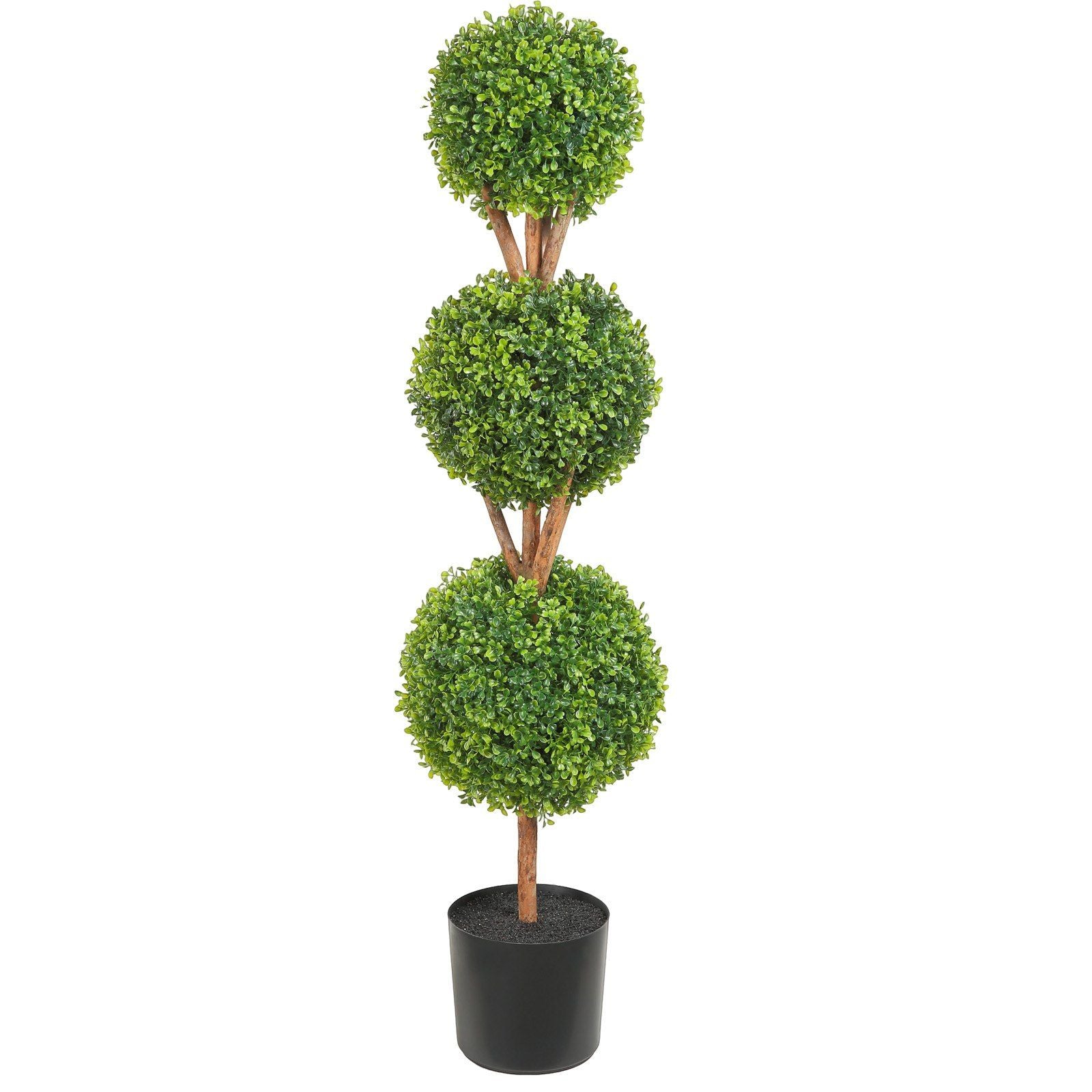 Faux boxwood trees set with three green spherical topiary balls in a black pot from FauxMart.com