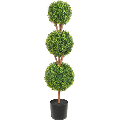 Faux boxwood trees set with three green spherical topiary balls in a black pot from FauxMart.com