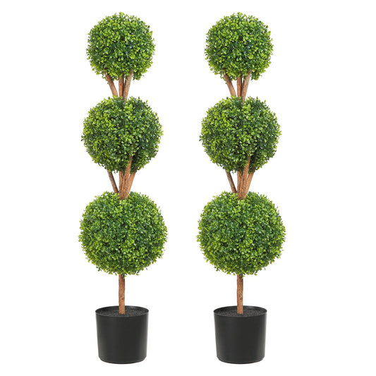 FauxMart.com faux boxwood trees set with three-tiered green foliage in black pots for indoor decor