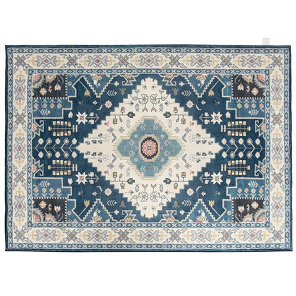 Blue and cream patterned faux wool area rugs with intricate geometric and floral designs
