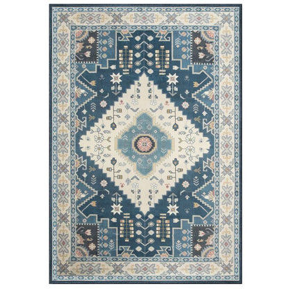 Blue and cream traditional patterned faux wool area rugs with floral and geometric designs