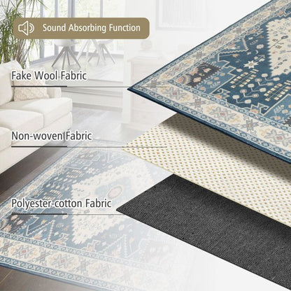 Layered composition of faux wool area rugs showing fake wool, non-woven, and polyester-cotton fabrics with sound absorbing function