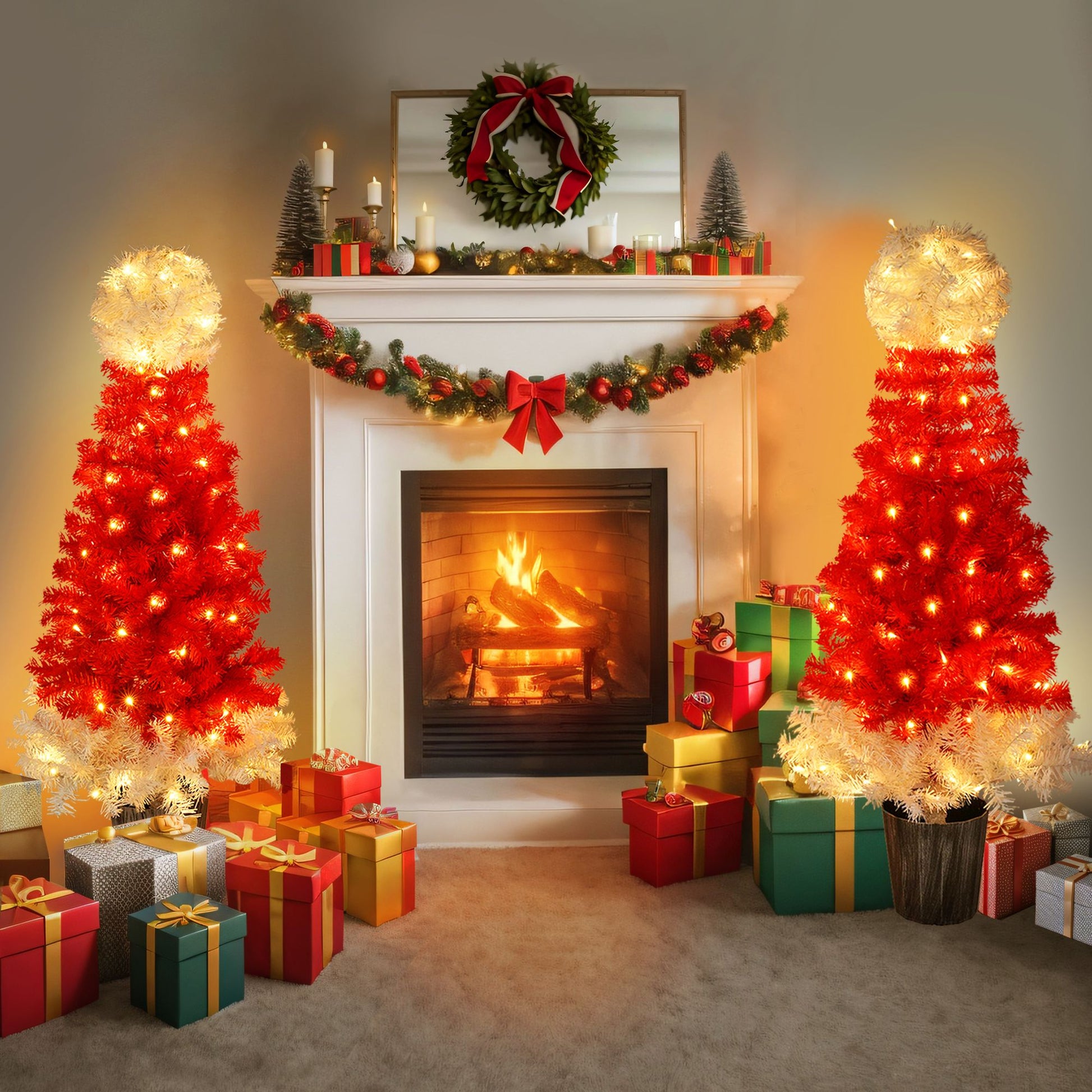 Lighted Santa hat Christmas tree set with red and white lights placed by fireplace with wrapped presents