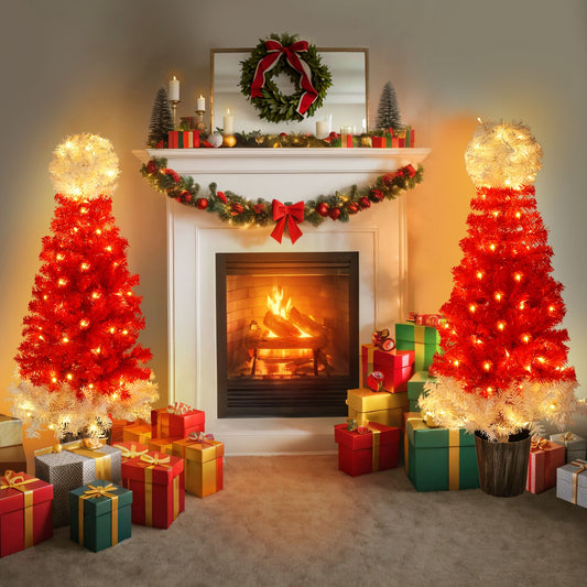 Lighted Santa hat Christmas tree set with red and white lights placed by fireplace with wrapped presents