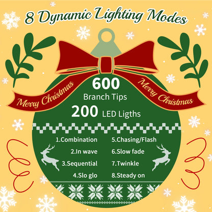 Lighted Santa hat Christmas tree set with 600 branch tips and 200 LED lights featuring 8 dynamic lighting modes