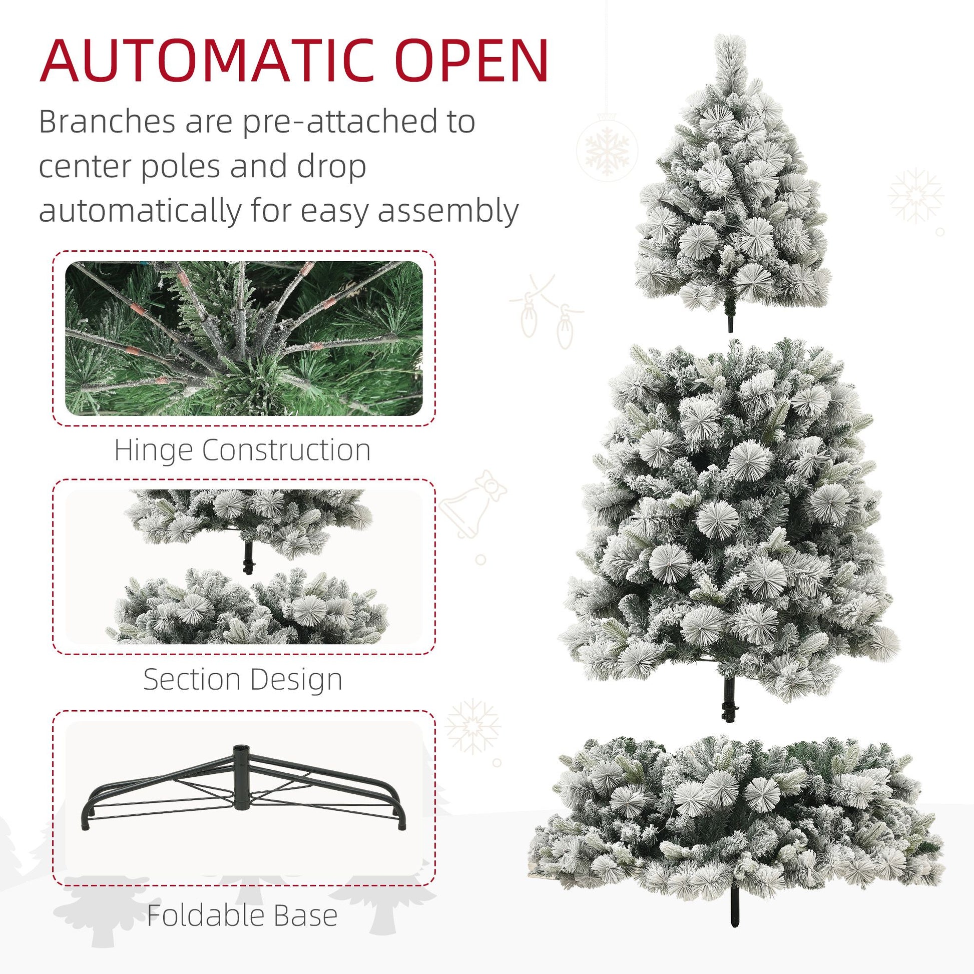 Pre-lit snow flocked Christmas tree with automatic open branches, hinge construction, foldable base, and easy assembly