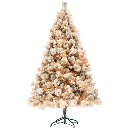 Pre-lit snow flocked Christmas tree with warm white lights on black metal stand