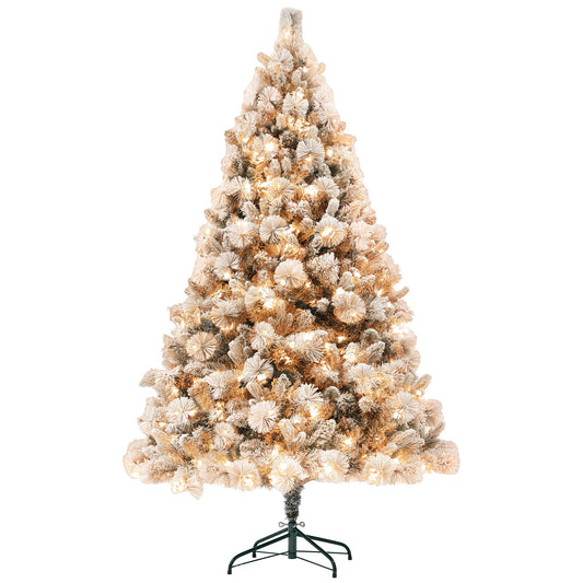 Pre-lit snow flocked Christmas tree with warm white lights on black metal stand