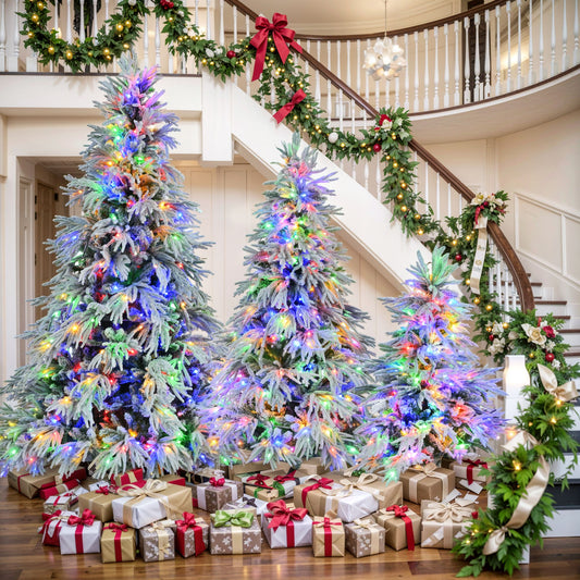 Pre-lit snow flocked Christmas tree set with multicolor lights and wrapped gifts in living room