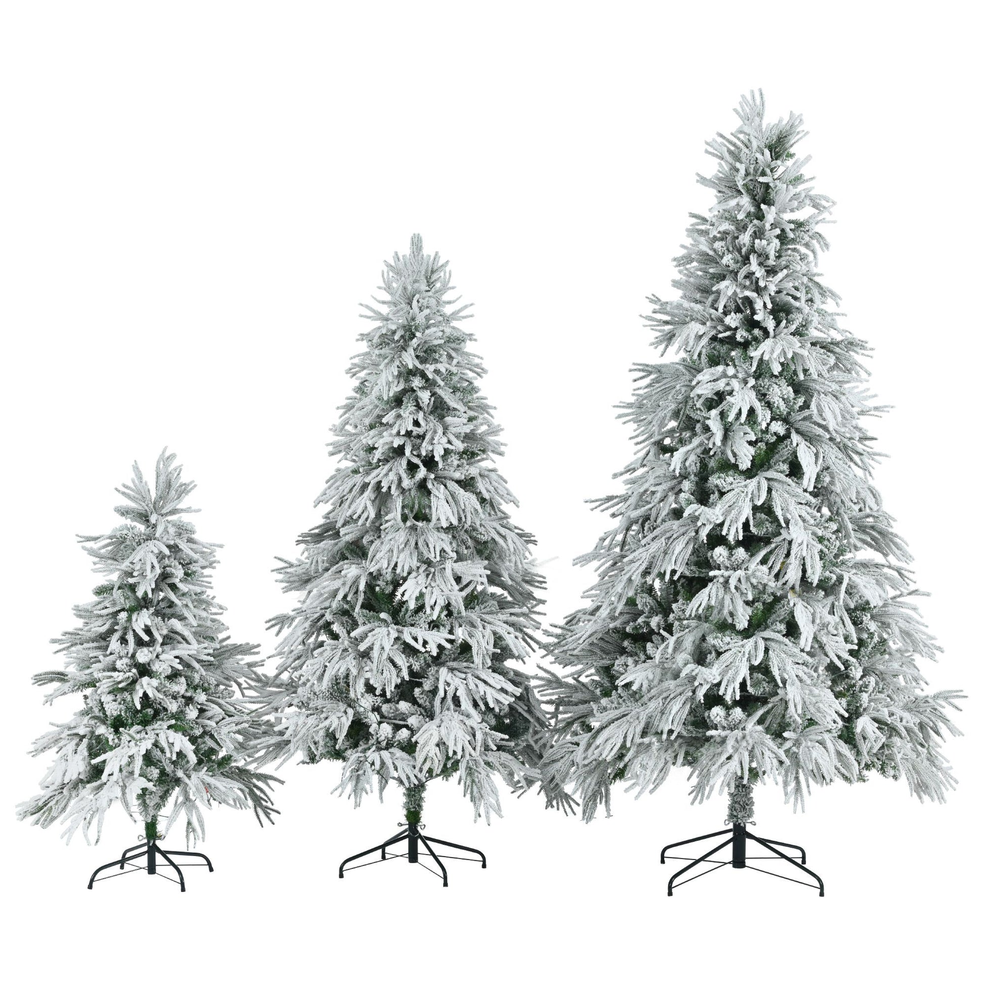 FauxMart.com pre-lit snow flocked Christmas tree set with three different sized artificial trees