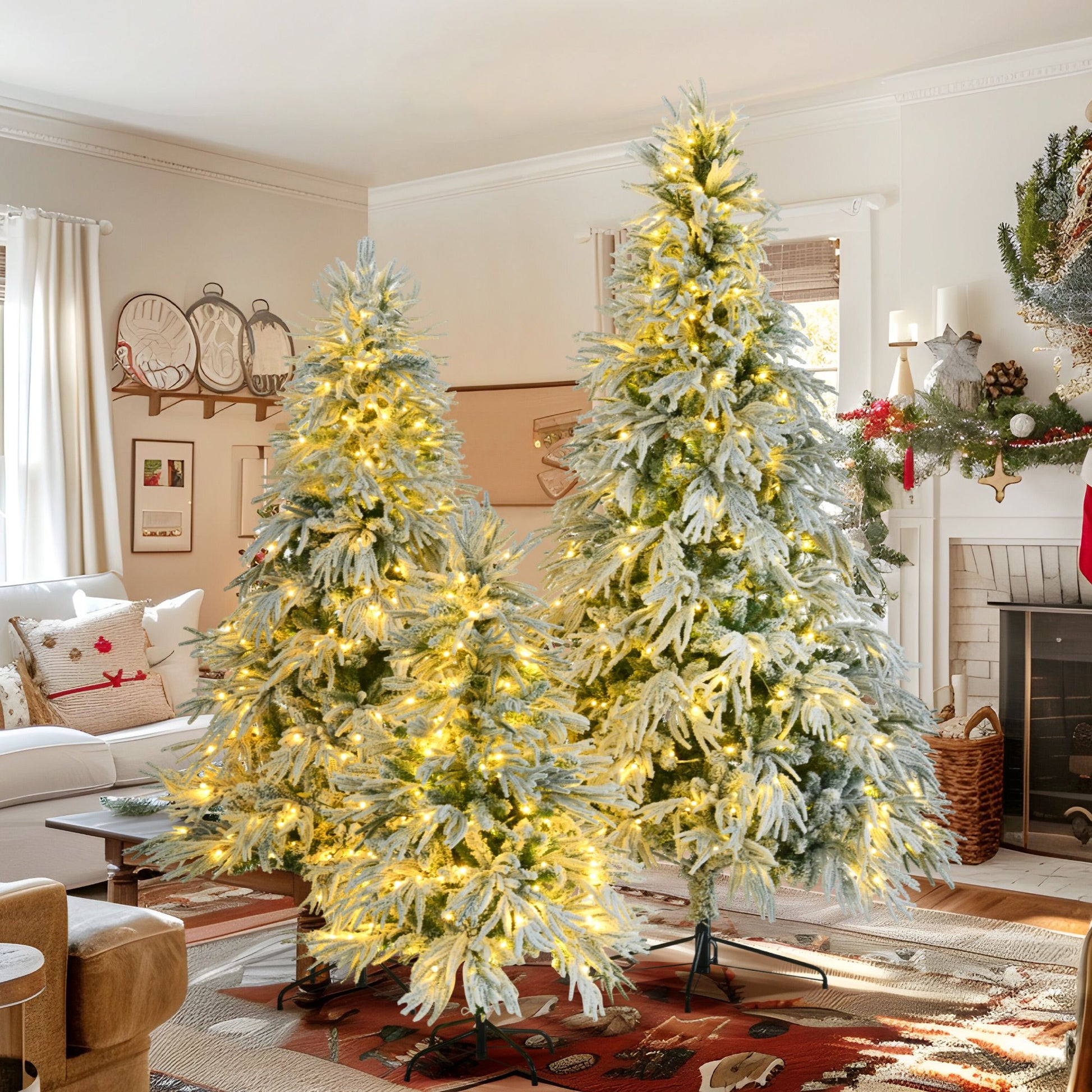 FauxMart.com pre-lit snow flocked Christmas tree set with warm white lights in cozy living room