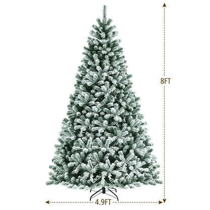 8ft tall pre-lit snow flocked Christmas tree with 4.9ft wide base and full dense branches