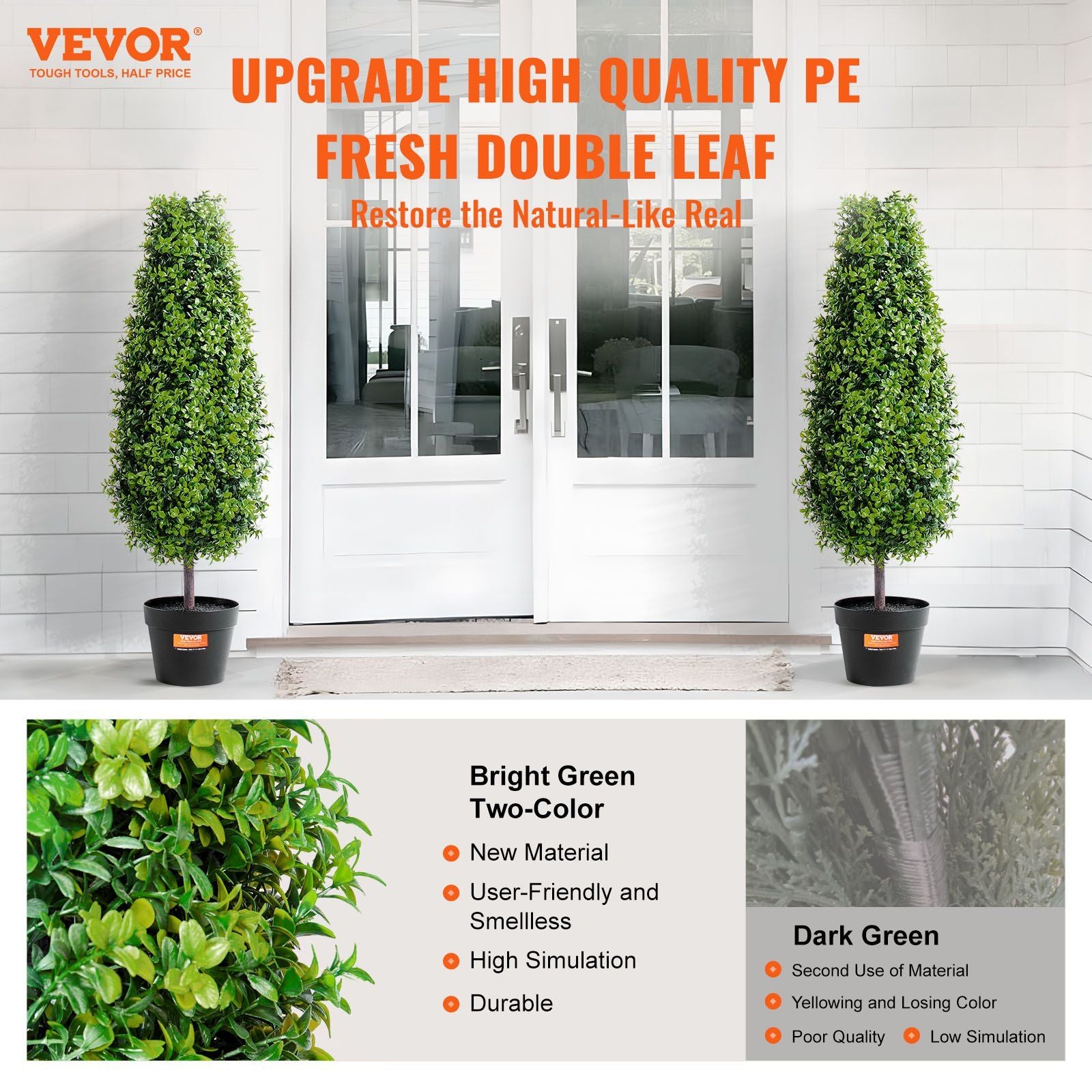 3 foot fake topiary pair with bright green leaves in black pots placed outside white double doors