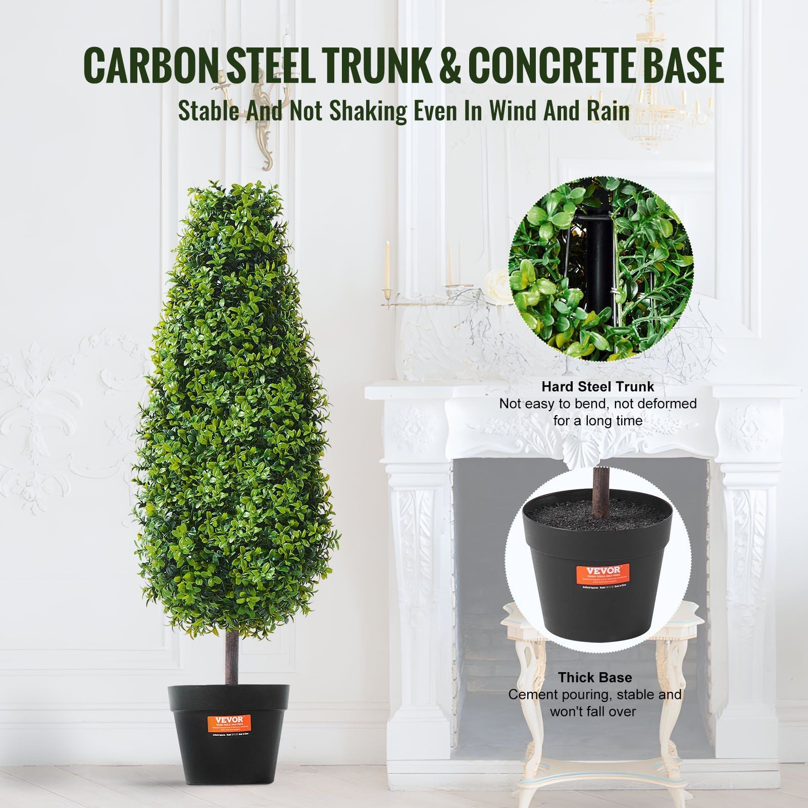 3 foot fake topiary pair with carbon steel trunk and concrete base for outdoor stability