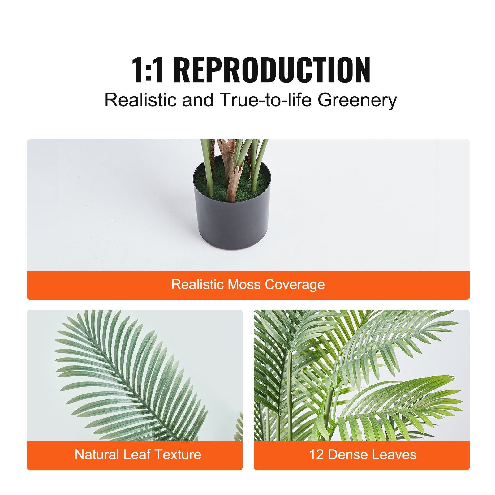 Close-up details of 6ft artificial palm tree showing realistic moss coverage natural leaf texture and 12 dense leaves