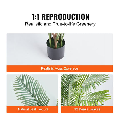 Close-up details of 6ft artificial palm tree showing realistic moss coverage natural leaf texture and 12 dense leaves