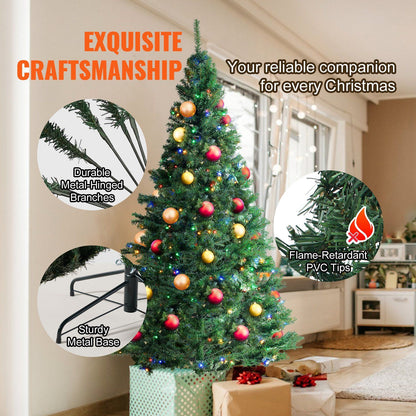 7.5 foot prelit Christmas tree with colorful ornaments and durable metal-hinged branches from FauxMart.com
