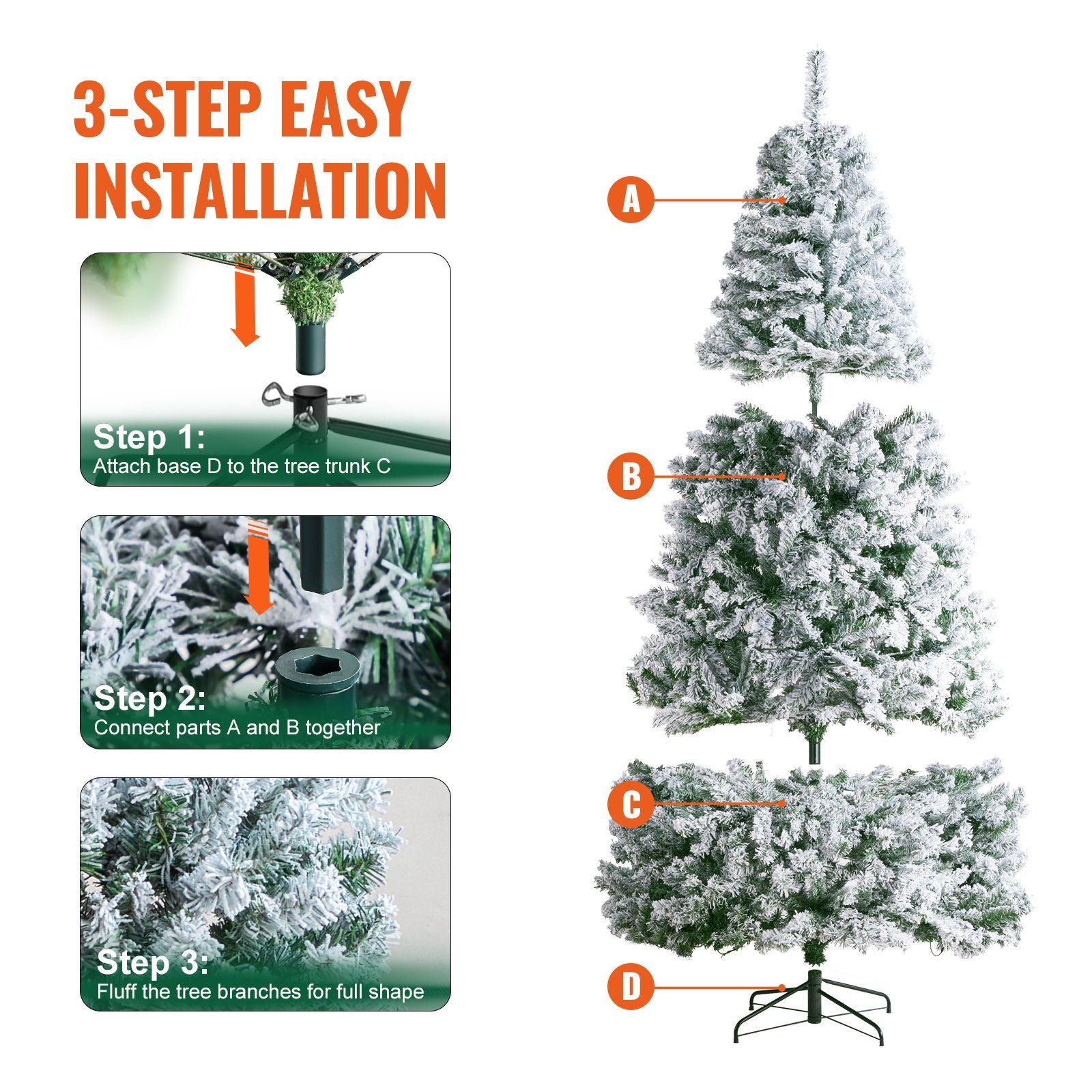 7.5 foot prelit flocked Christmas tree with labeled parts and 3 step easy installation guide