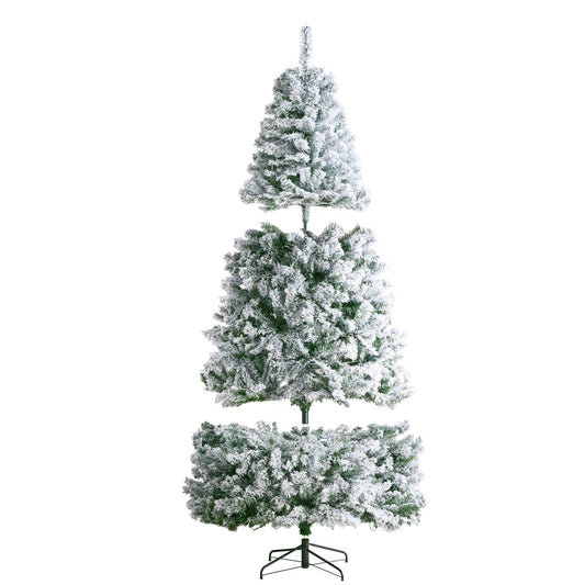 7.5 foot prelit flocked Christmas tree with snowy branches on metal stand by FauxMart.com