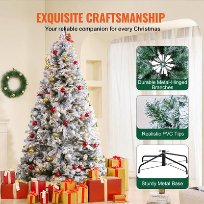 7.5 foot prelit flocked Christmas tree with durable metal-hinged branches and realistic PVC tips
