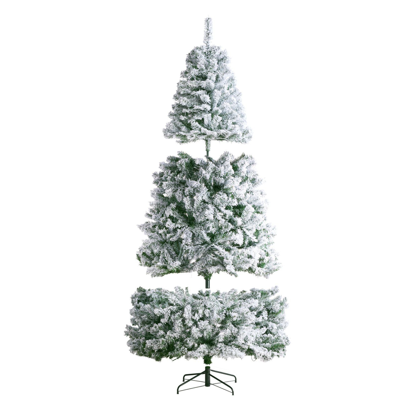 7.5 foot prelit flocked Christmas tree with white snowy branches and metal stand by FauxMart.com