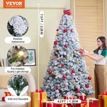 7.5 foot prelit flocked Christmas tree decorated with red and gold ornaments and gifts underneath