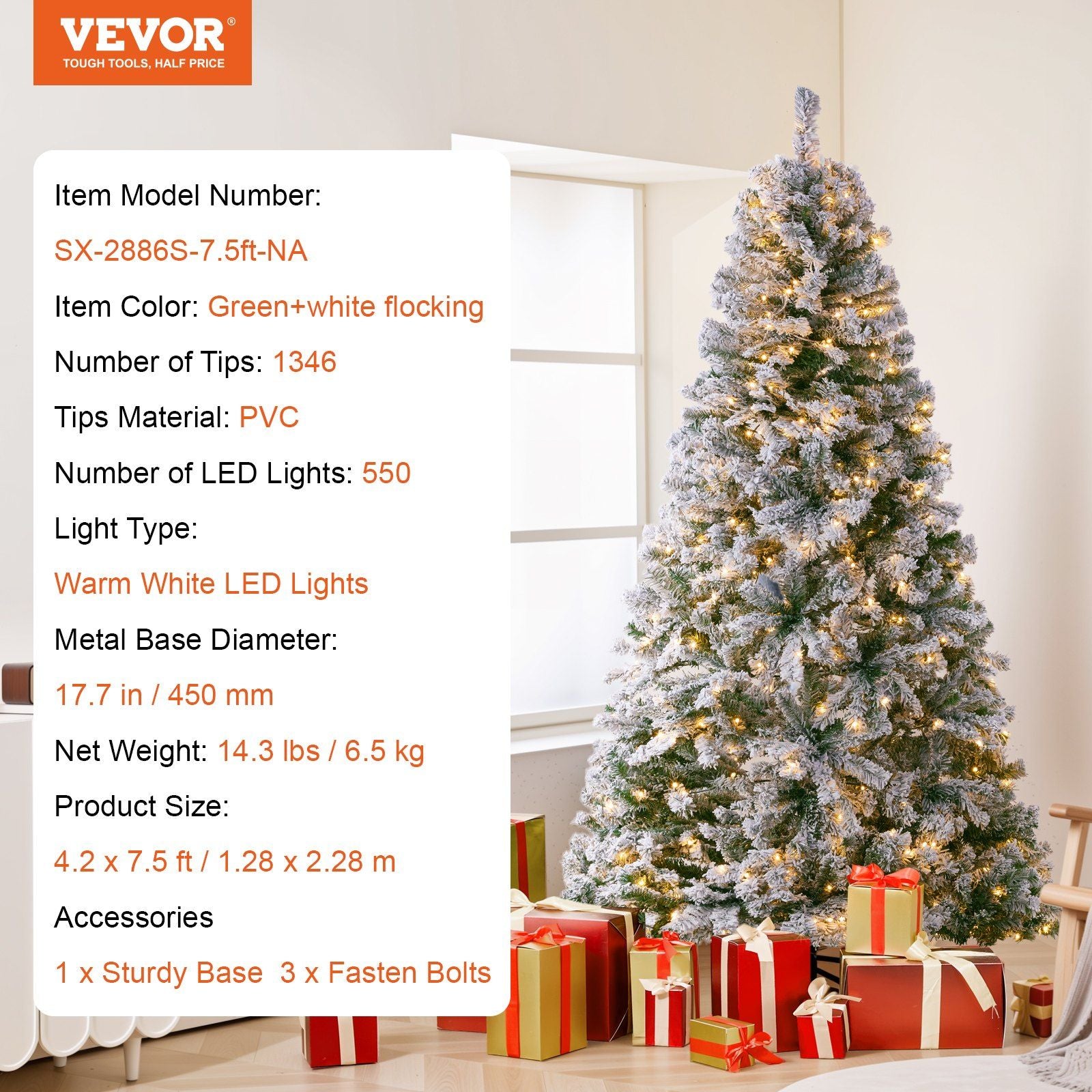 7.5 foot prelit flocked Christmas tree with warm white LED lights and green white flocking from FauxMart.com