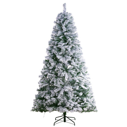 7.5 foot prelit flocked Christmas tree with snowy branches on a metal stand from FauxMart.com