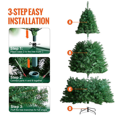 3-step easy installation guide for 7.5 ft artificial Christmas tree showing assembly of tree parts and base