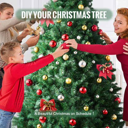 Family decorating a 7.5 ft artificial Christmas tree with red gold and silver ornaments