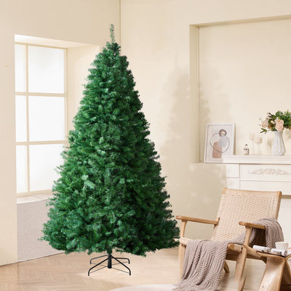 7.5 ft artificial Christmas tree with full green branches standing in a cozy living room setting