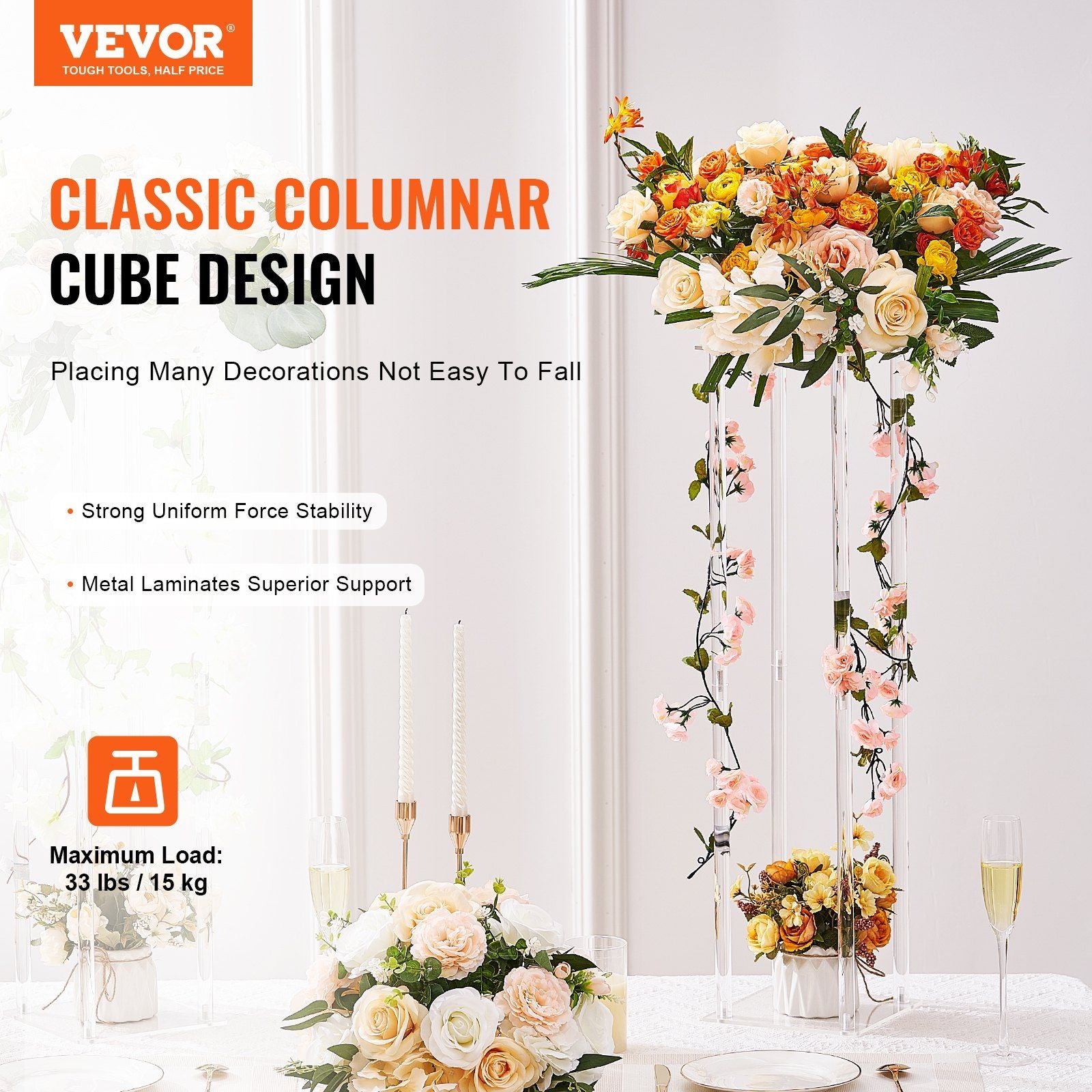 Clear acrylic wedding flower stands with classic columnar cube design holding vibrant floral arrangements