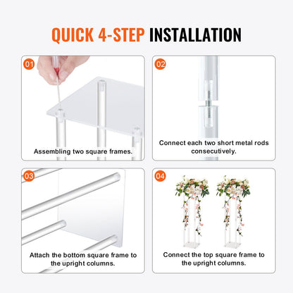 Step-by-step quick 4-step installation guide for acrylic wedding flower stands with metal rods and square frames