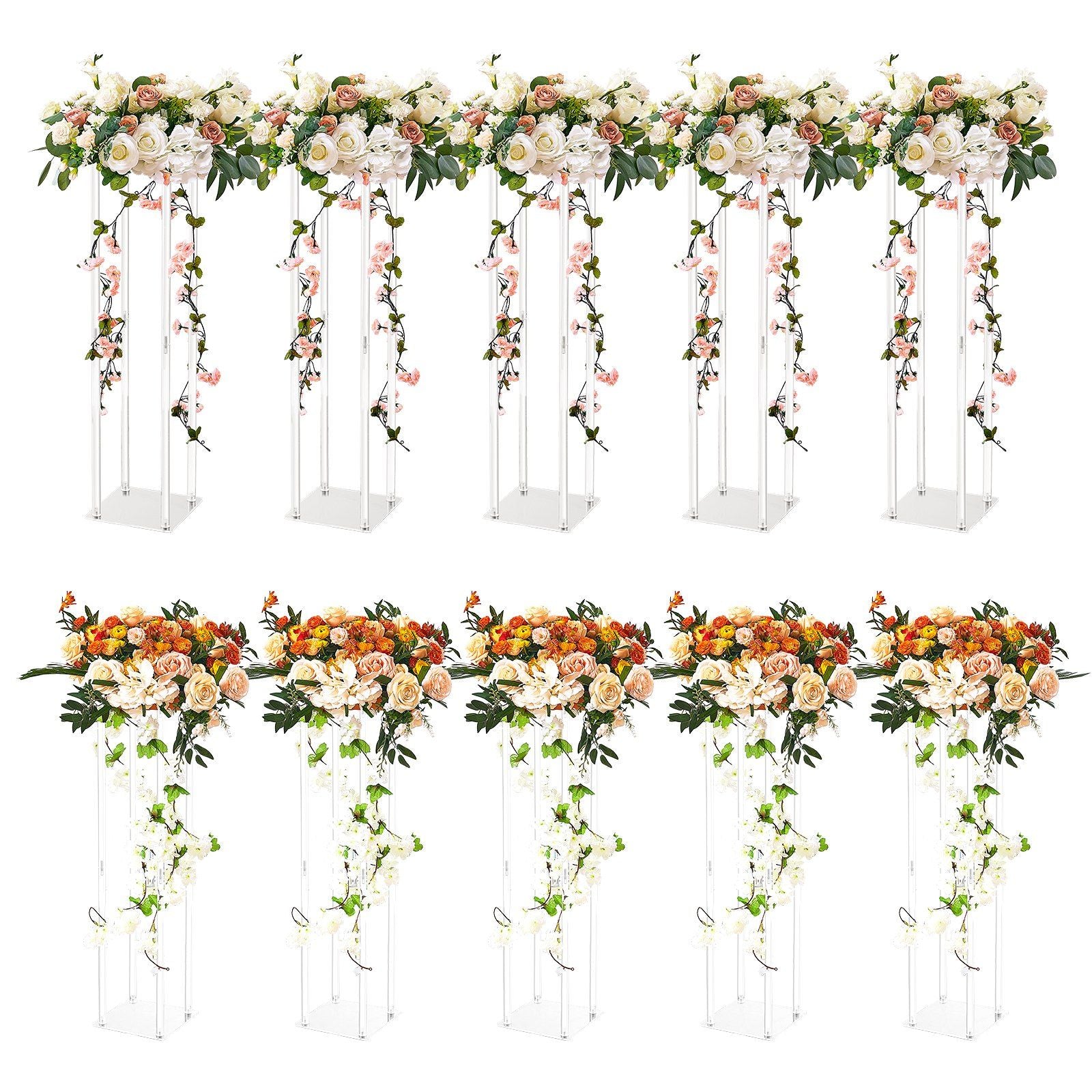 Set of acrylic wedding flower stands with elegant white and orange floral arrangements for wedding decor